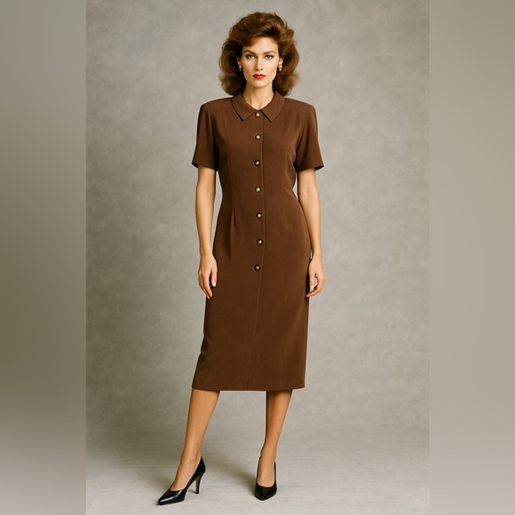 Vintage Dresses & Skirts - Vintage Spenser Jeremy 100% silk button down short sleeves brown midi dress, 16